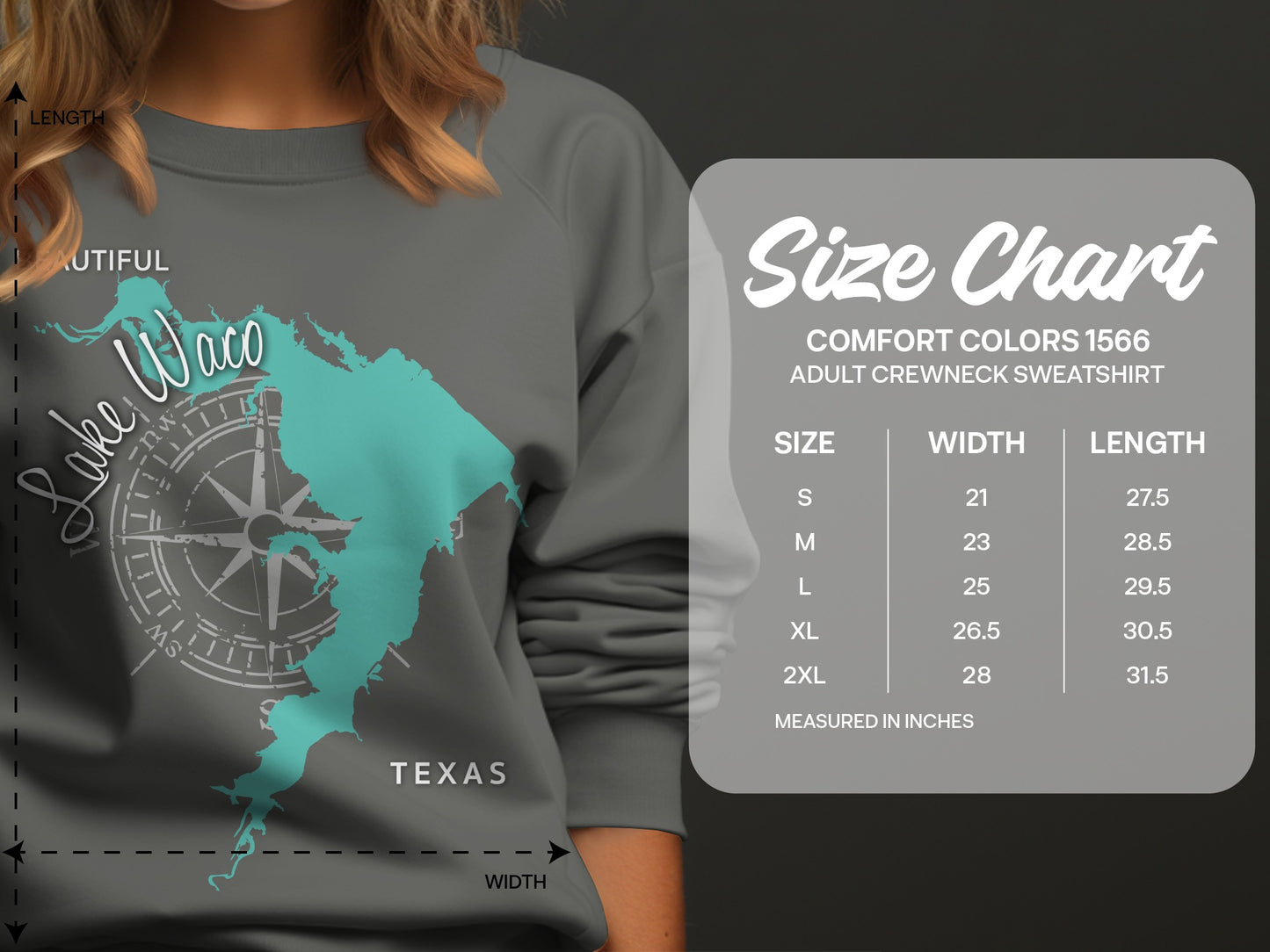 Crewneck sweatshirt size chart with "Lake Waco Texas" graphic.