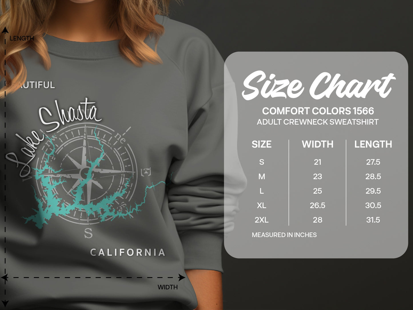 Lake Shasta California graphic on gray sweatshirt with size chart.