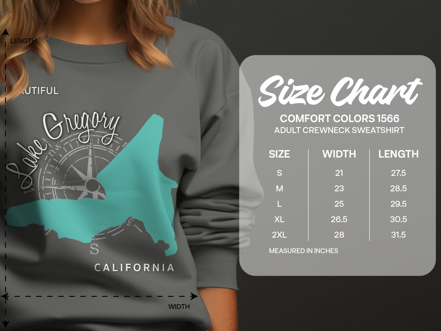 Comfort Colors 1566 adult crewneck sweatshirt size chart.