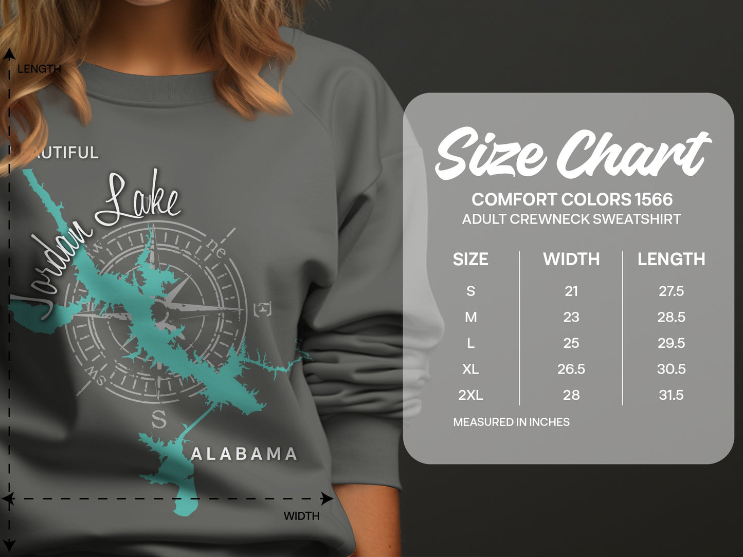 Adult crewneck sweatshirt size chart with Jordan Lake graphic.