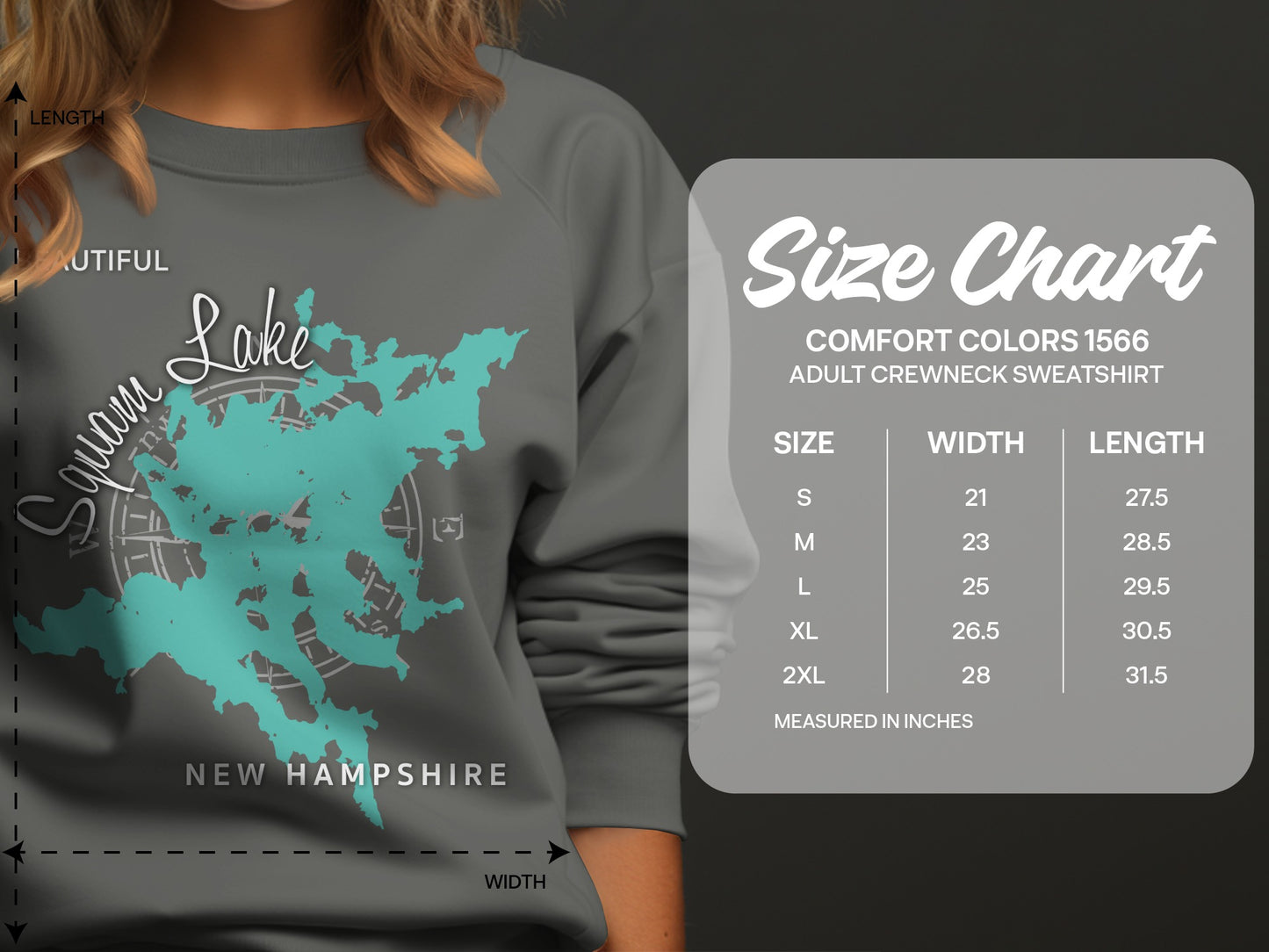 Size chart for Comfort Colors 1566 adult crewneck sweatshirt.
