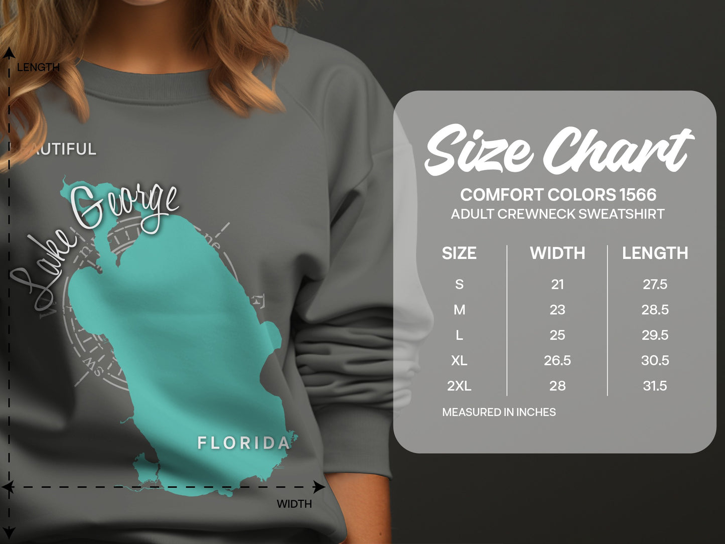 Lake George Florida graphic on a Comfort Colors adult sweatshirt size chart.