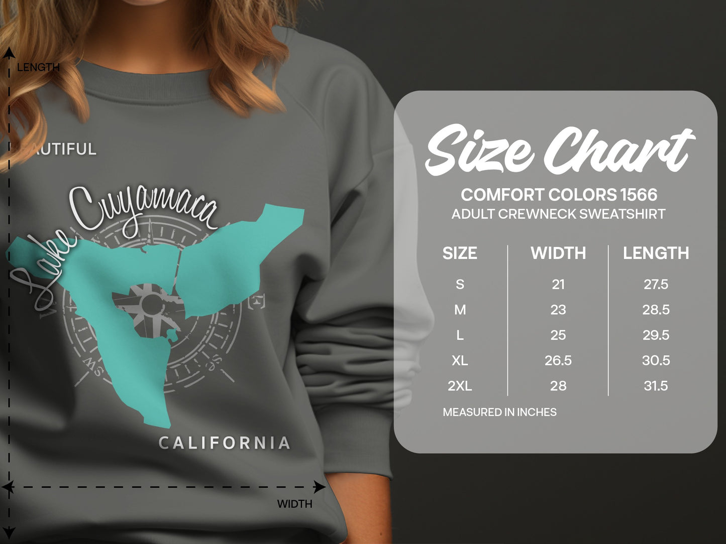 Comfort Colors 1566 sweatshirt size chart with measurements in inches.
