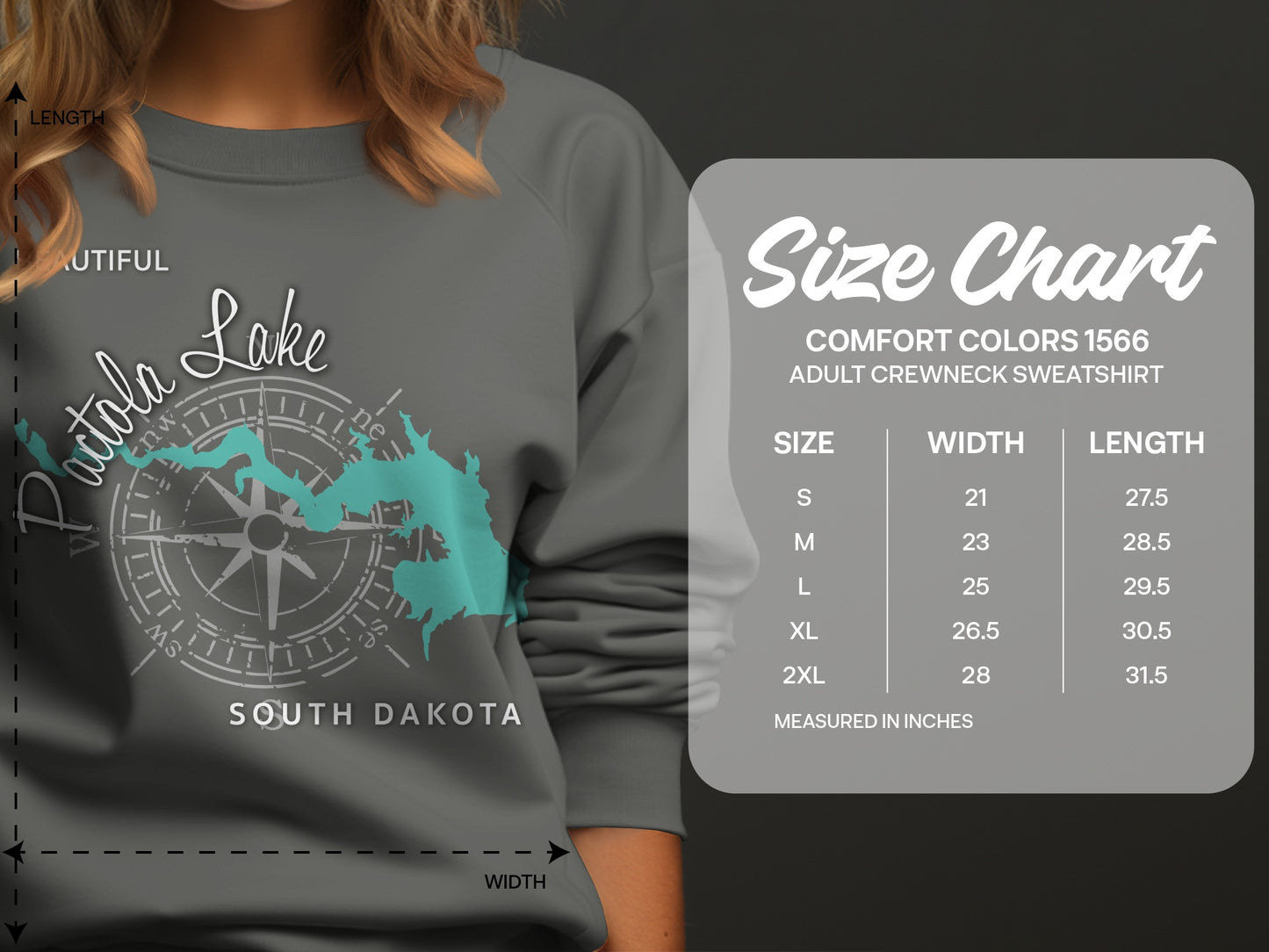 Crewneck sweatshirt size chart for Comfort Colors 1566 with measurements.