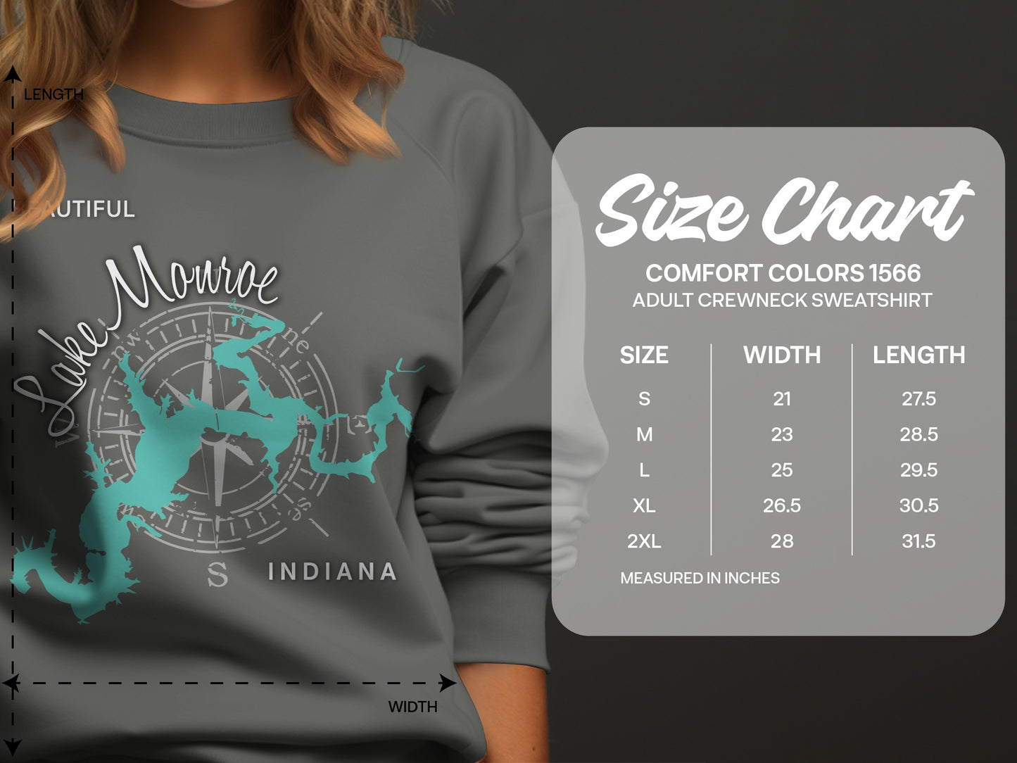 Size chart for Comfort Colors 1566 adult crewneck sweatshirt in inches.