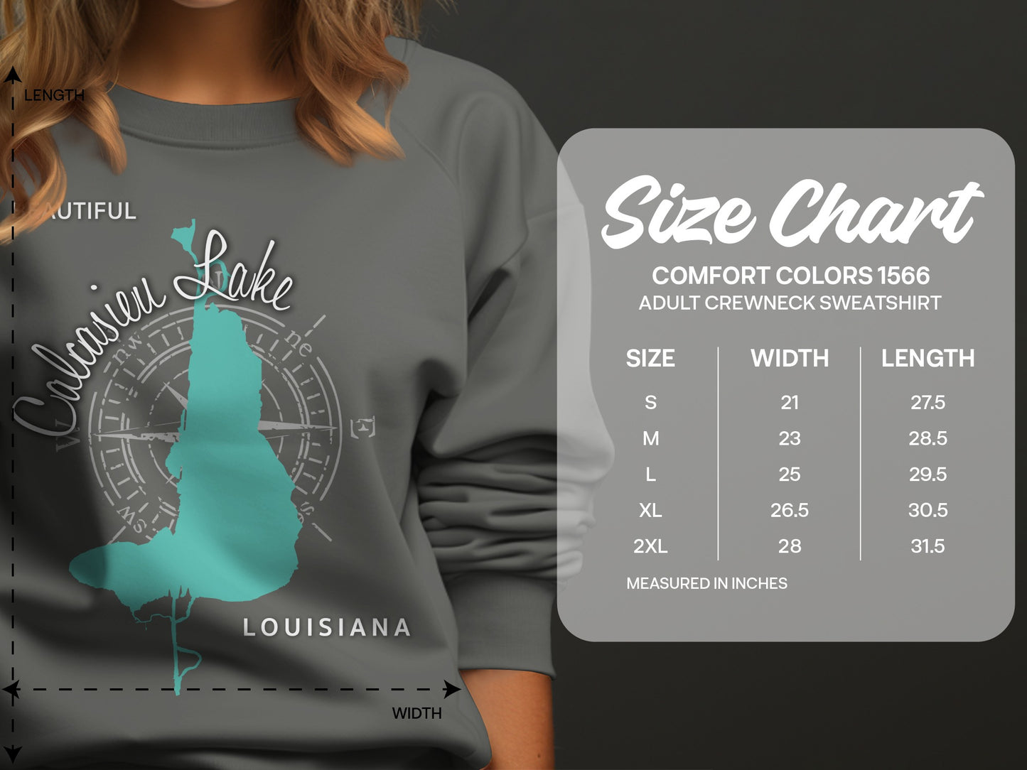 Calcasieu Lake Louisiana graphic on gray sweatshirt, with a size chart.