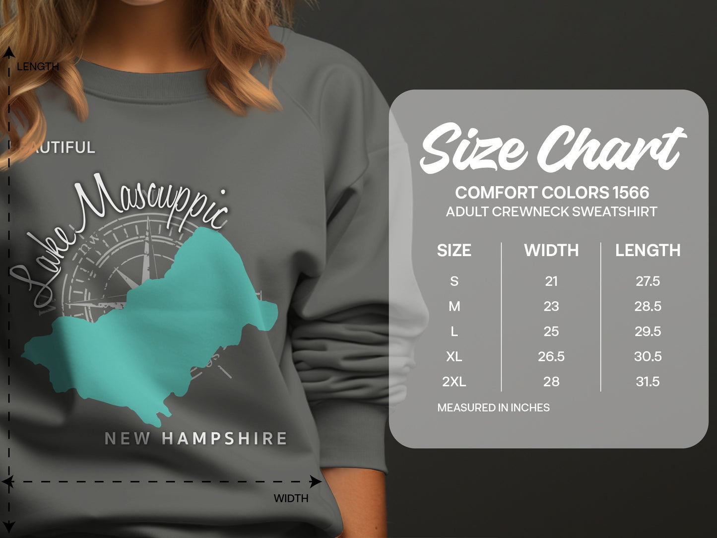 Comfort Colors 1566 adult crewneck sweatshirt size chart with measurements.