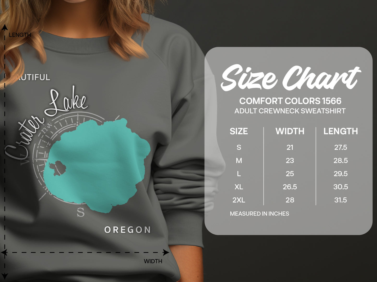 Crater Lake Oregon sweatshirt with Comfort Colors size chart.