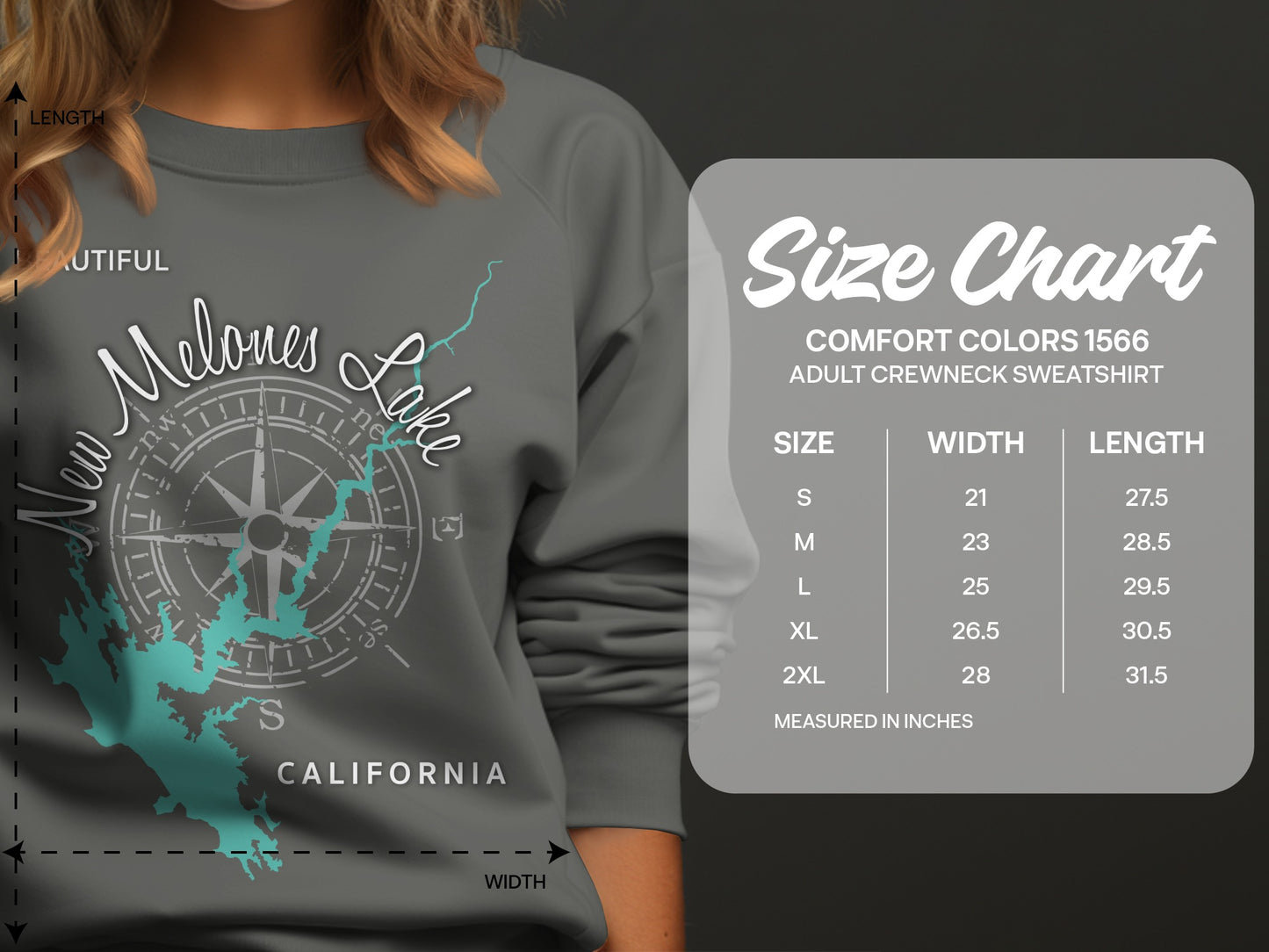 Melones Lake California graphic on gray sweatshirt, with size chart.