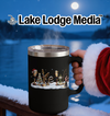 Black mug with a Christmas fishing scene and "Lake Lodge Media" logo.