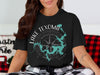 Black t-shirt with Lake Texoma map and compass graphic, says "Lake Texoma Texas".