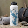 White water bottle with blue lake map, compass, and "NORTH" text.