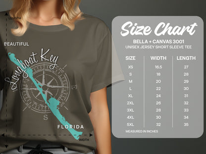 T-shirt size chart for Bella + Canvas 3001 unisex tee with Florida Longboat Key graphic.