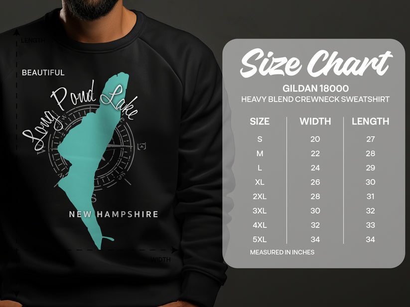 Size chart for a Gildan 18000 crewneck sweatshirt with Long Pond Lake design.
