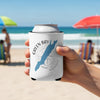 White can cooler with a blue Green Bay, Wisconsin outline over a compass.