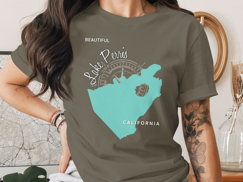 T-shirt with Lake Perris California map and compass graphic.
