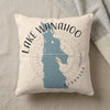 Pillow with blue Lake Wanahoo map silhouette and "Lake Wanahoo Nebraska" text.