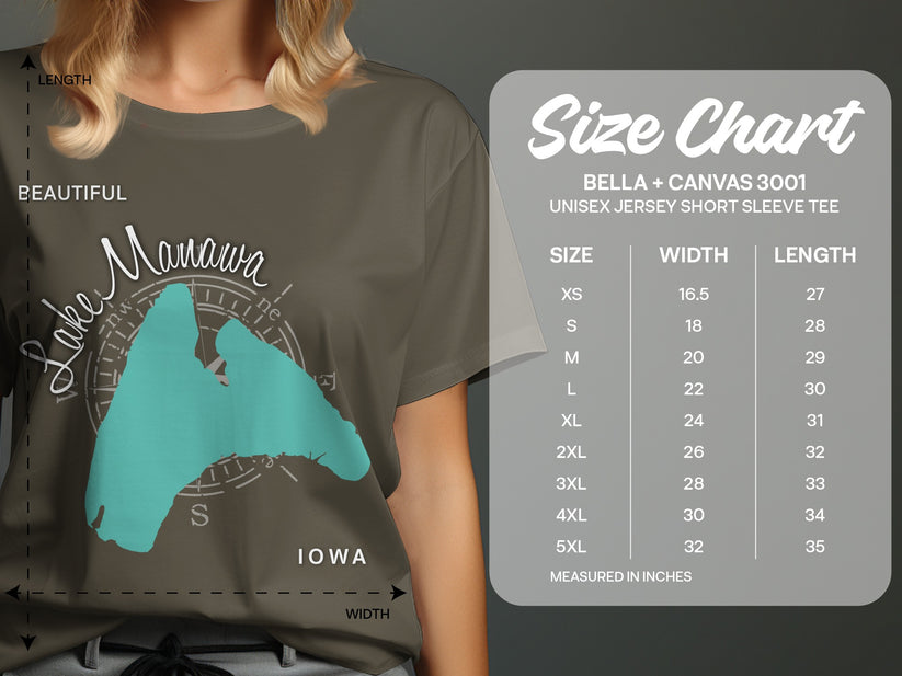 T-shirt with Lake Manawa design and size chart.