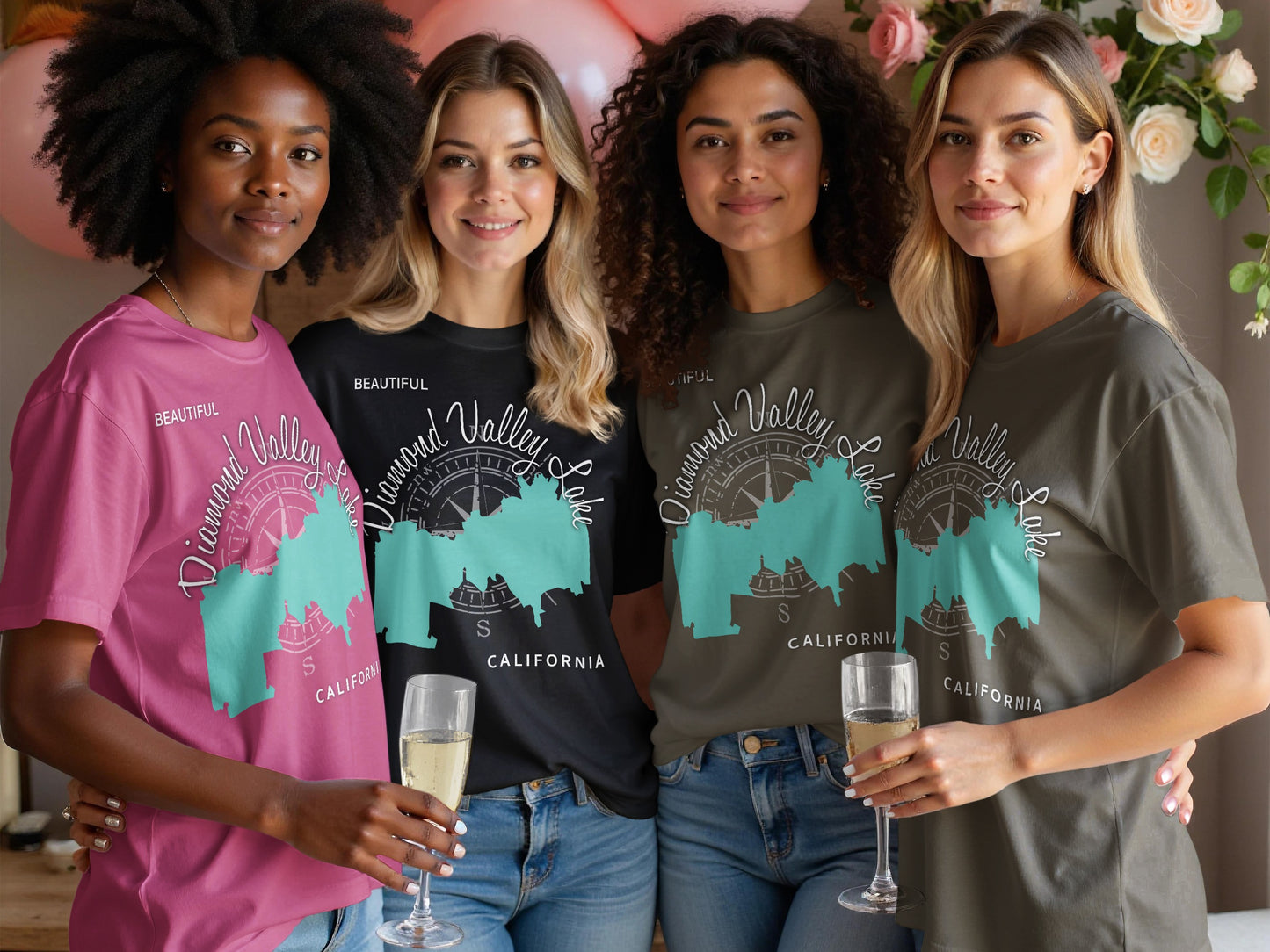 Four women in graphic tees featuring a Diamond Valley Lake map design.
