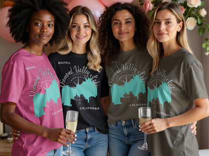 Four women in graphic tees featuring a Diamond Valley Lake map design.