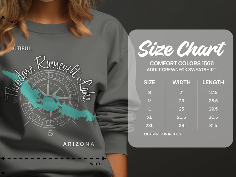 Comfort Colors 1566 adult crewneck sweatshirt size chart.