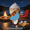 Glass with ice cream and coffee by campfire with s'mores ingredients, "Lake Quinault" text.