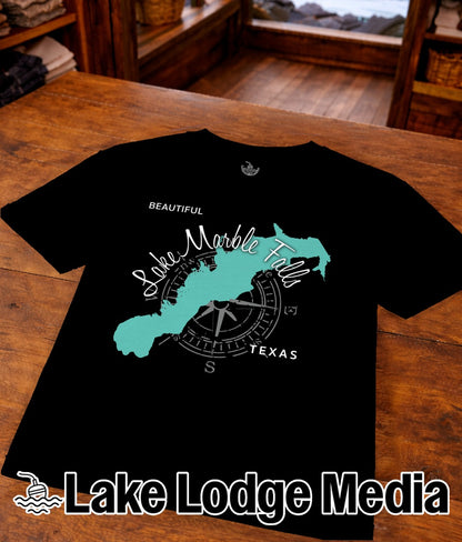 Black t-shirt with "Beautiful Lake Marble Falls Texas" map and compass graphic.