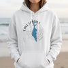 White hoodie with "LAKE CASCADE IDAHO" text and blue lake map graphic.