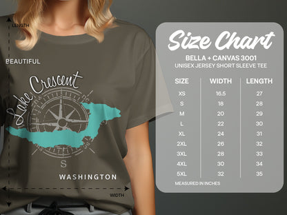 T-shirt featuring "Lake Crescent Washington" map graphic and size chart.