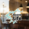 Sticker with teal lake outline and "Boone Life" text.