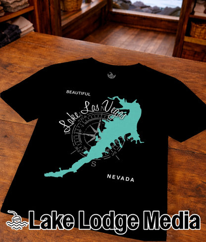 Black t-shirt with turquoise Lake Las Vegas outline and compass rose.