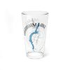 Clear glass pint glass with Abraham Lake map, compass, and Alberta text.