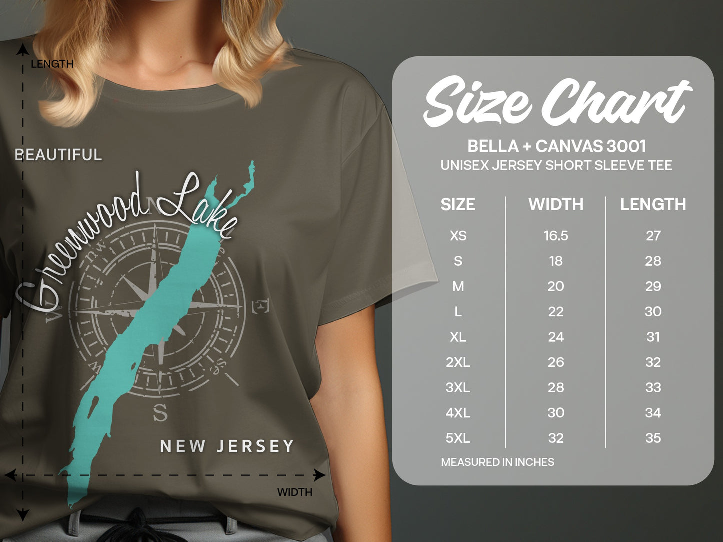 Size chart for a Bella + Canvas 3001 unisex t-shirt with Greenwood Lake graphic.
