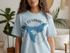 Light blue t-shirt with Lake Cuyamaca California map and compass graphic.