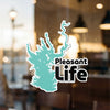 Teal map silhouette sticker with "Pleasant Life" text and copyright notice.