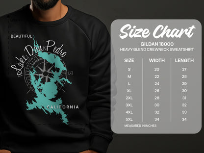 Crewneck sweatshirt size chart for Lake Don Pedro California graphic.