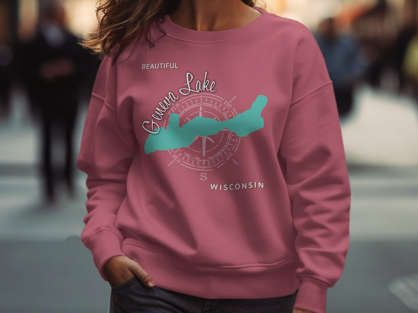 Burgundy sweatshirt with compass rose and "Geneva Lake Wisconsin" text.