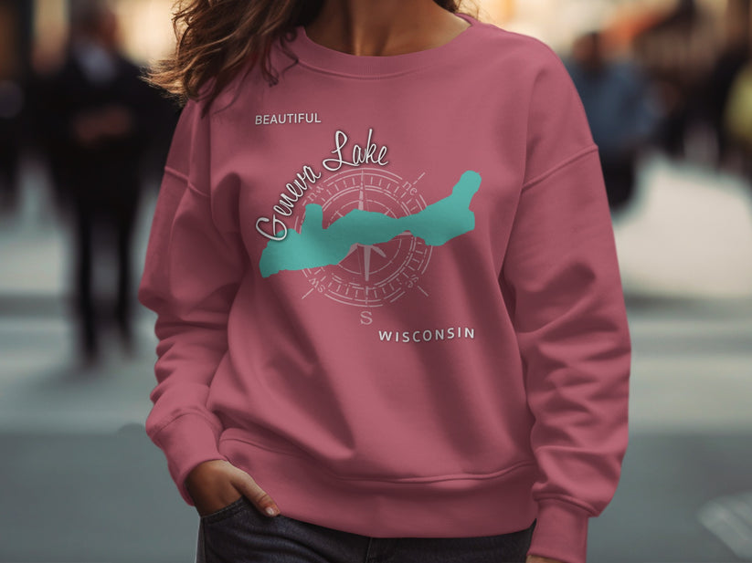 Burgundy sweatshirt with compass rose and "Geneva Lake Wisconsin" text.