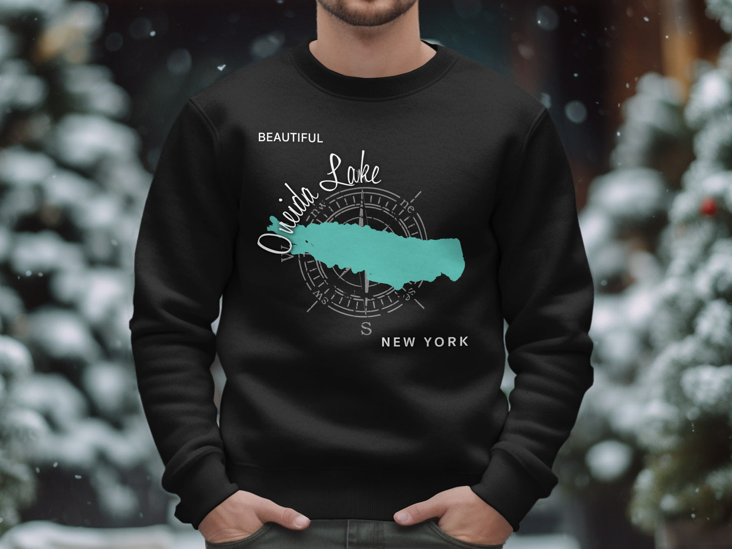 Black sweatshirt with "Beautiful Oneida Lake New York" map design.