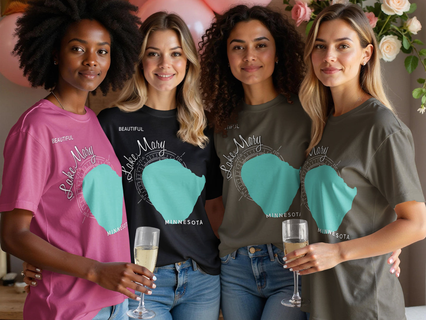 Four women in t-shirts with "Lake Mary Minnesota" text and map outline.