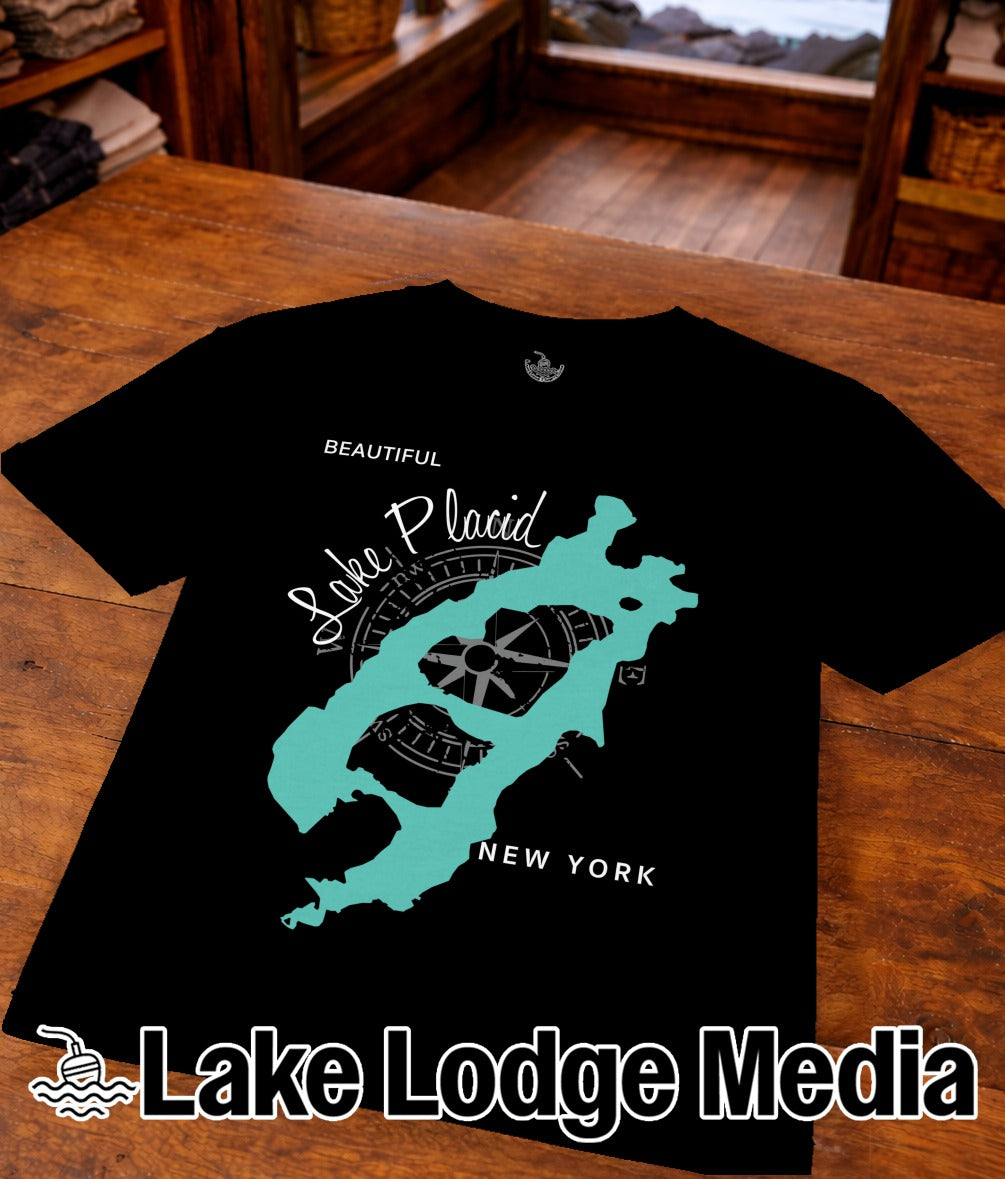 Black t-shirt with a turquoise map of Lake Placid, New York, and compass rose.