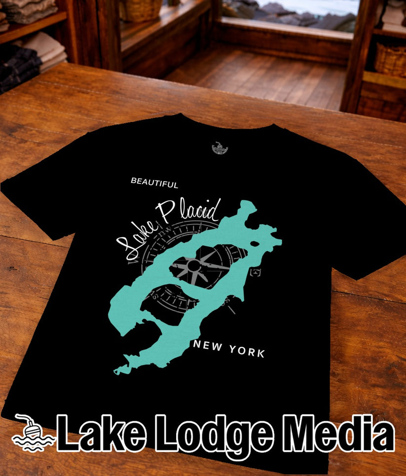 Black t-shirt with a turquoise map of Lake Placid, New York, and compass rose.