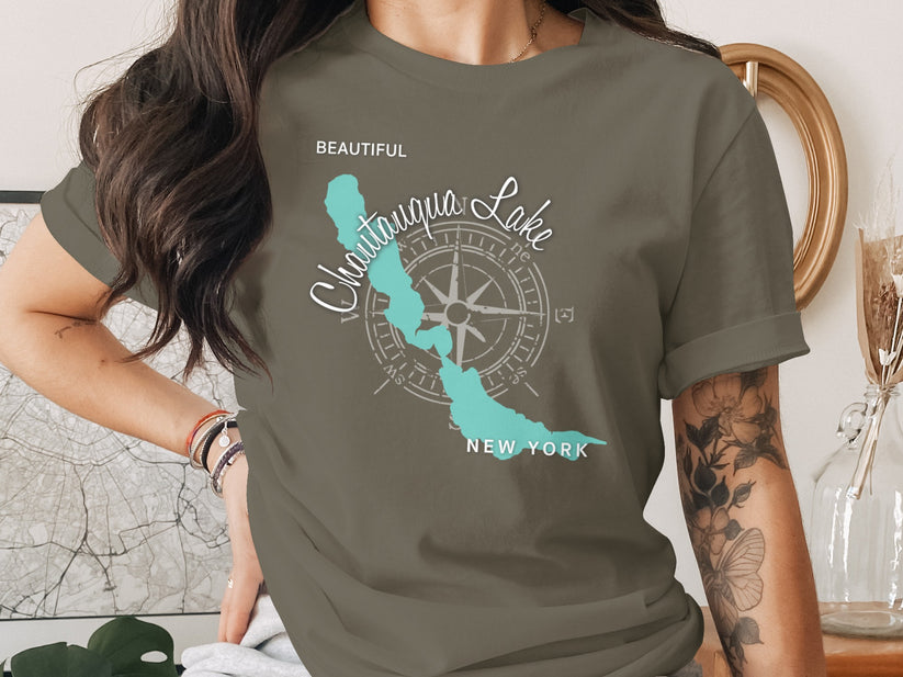 Chautauqua Lake map and compass on a taupe t-shirt.