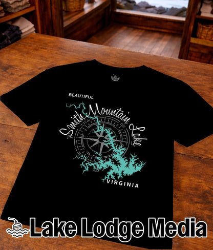 Black t-shirt with Smith Mountain Lake map and compass design, "Virginia" text.