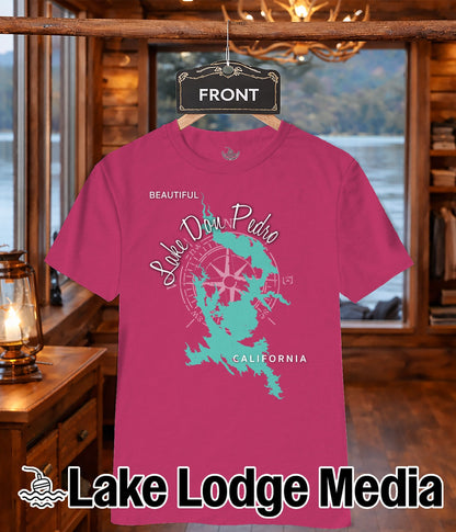 Pink t-shirt with Lake Don Pedro, California map and compass graphic.