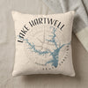Pillow with Lake Hartwell map design, compass, and South Carolina text.