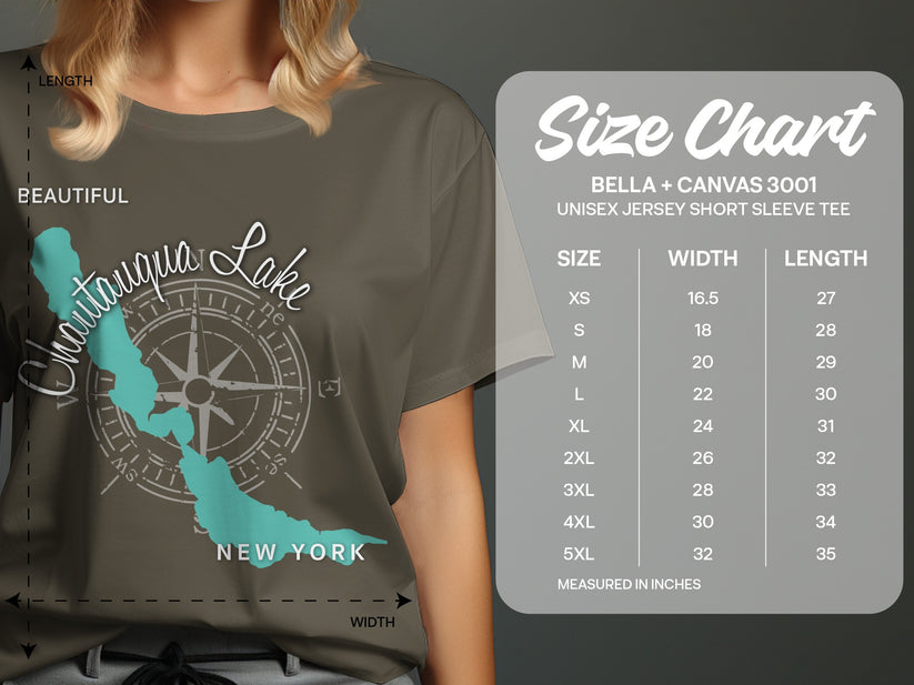 T-shirt size chart with measurements for Bella + Canvas 3001 unisex tees.