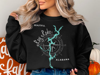 Black sweatshirt with "Beautiful Lay Lake Alabama" and a compass rose design.