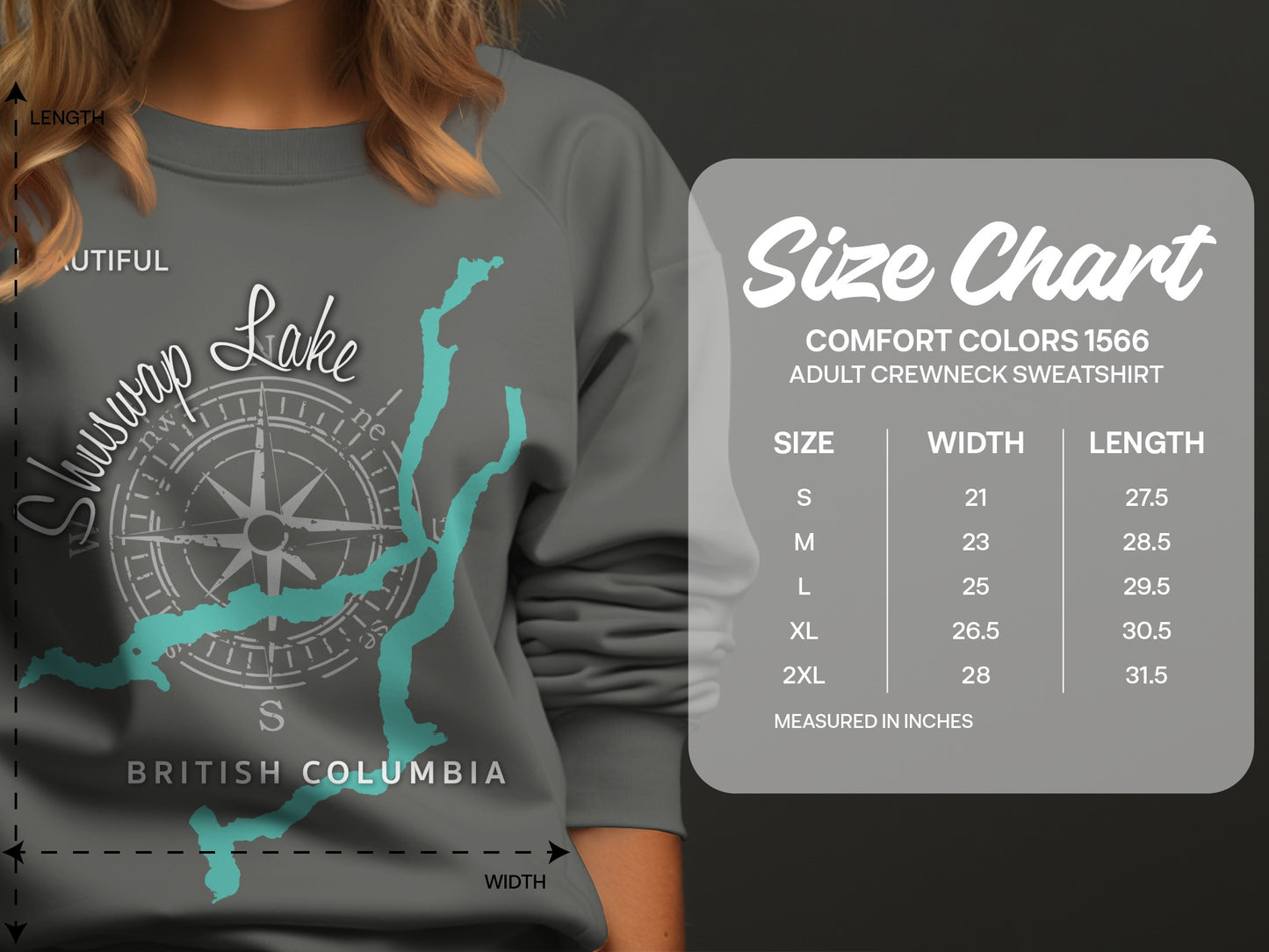 Shuswap Lake British Columbia graphic on sweatshirt with size chart.