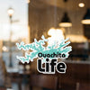 Ouachita Life sticker with light blue lake outline and black text.